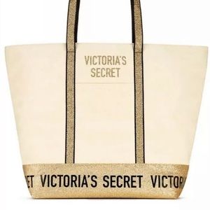 BNIB Victoria’s Secret Linen Black Gold Glitter Tote Bag